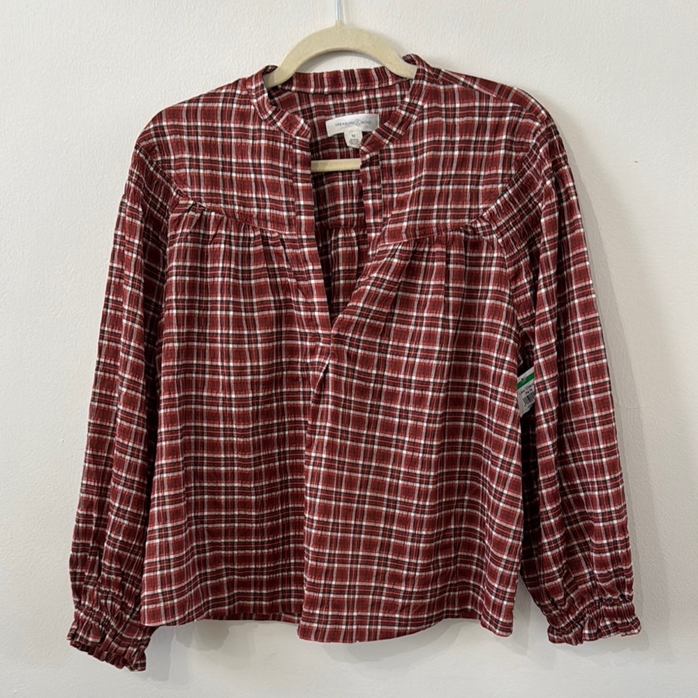 Treasure & Bond Red Plaid Blouse with Mandarin Collar NWT